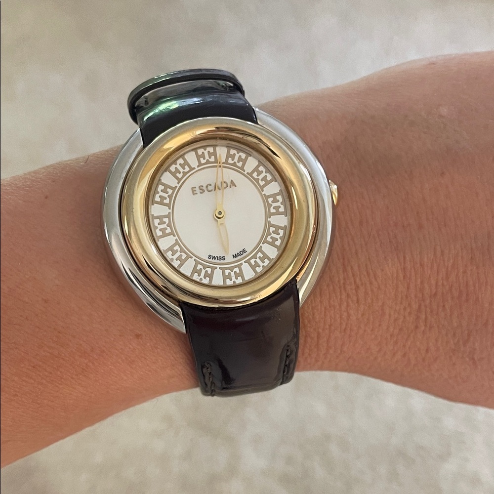 Escada Two-Tone Women's Watch with dark brown patent strap